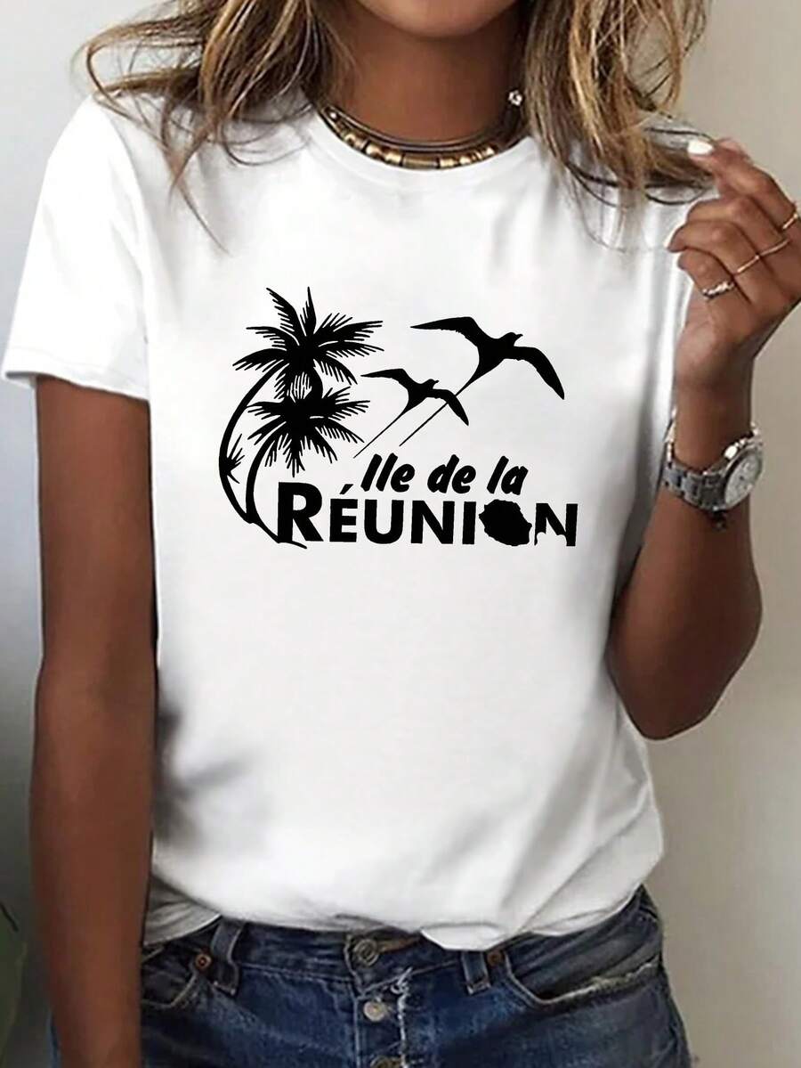 Casual Short-Sleeved, Round-Neck T-Shirt Featuring Reunion Island, Perfect For Spring And Summer, Designed For Women - Putih - View 1
