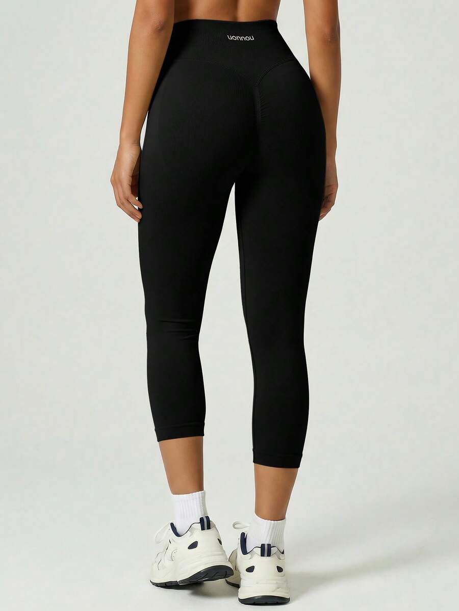 UONNOU 1pc Spring/Summer Women's Sports Shaping Tight Mid-Length Shorts, Peach Butt Lift, Waist Control & Tummy Control, Hot Girl Style Black - Black - View 1