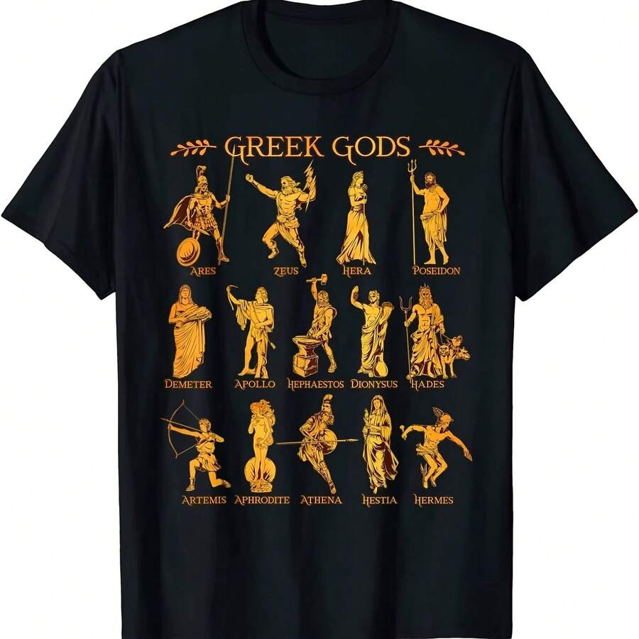 Greek Gods T-Shirt, Crew Neck Cotton T-Shirt, Men's Summer Short Sleeve Casual Streetwear, Loose Fit Harajuku T-Shirt - 彩色 - 查看 1
