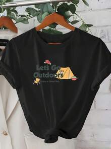 1 camiseta de verano de manga corta para mujer - Diseño geométrico 2D con motivos de camping, barbacoa, tienda de campaña, silla y parrilla. Estilo urbano de moda |   Diseño Juvenil |   Ajus - Negro - Ver 1