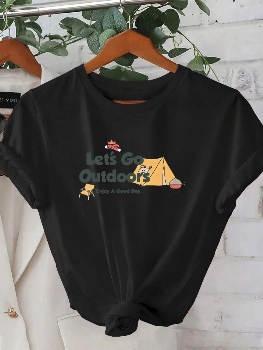 1 camiseta de verano de manga corta para mujer - Diseño geométrico 2D con motivos de camping, barbacoa, tienda de campaña, silla y parrilla. Estilo urbano de moda | Diseño Juvenil | Ajus - Negro - Ver 1