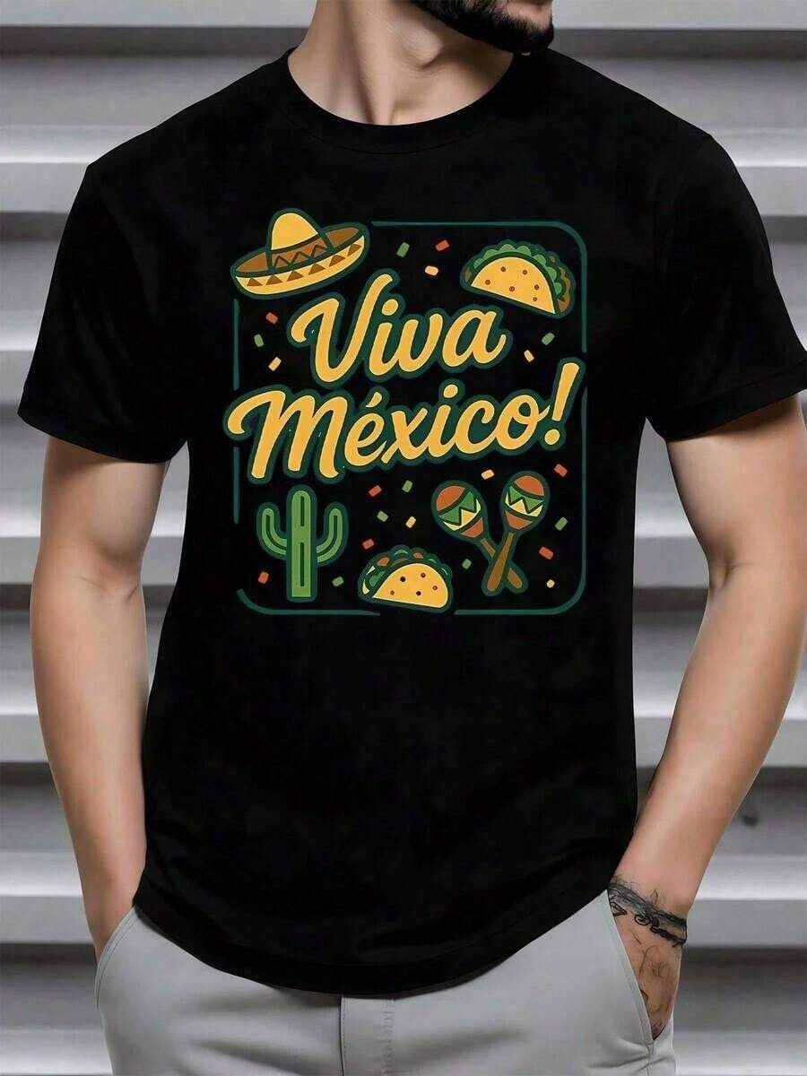 Sombrero tradicional cactus vibrante maracas festivas y tacos llenos de color que celebran la cultura mexicana con la frase Viva México transmitiendo alegría y orgullo nacional en cada detal - Negro - Ver 1