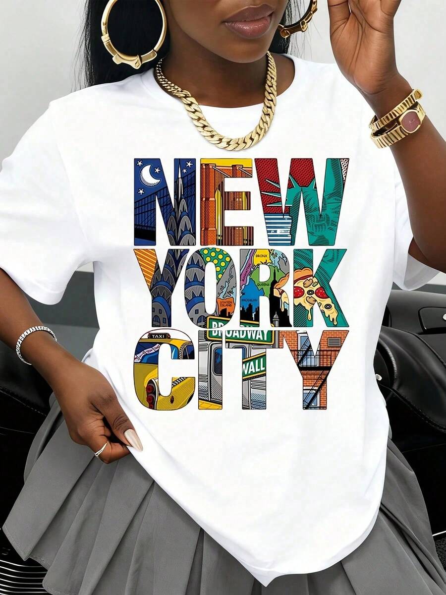 Camiseta Negra con Estampado Artístico de la Ciudad de Nueva York, Ropa Urbana, Camiseta Gráfica para Mujeres y Hombres, Unisex, Moda Casual, Diseño de Paisaje Urbano, Temática de Pizza, Met - Blanco - Ver 1