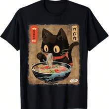 Camiseta de Anime Cat Ramen para Hombre, Estilo Kawaii Humorístico, Cómoda, Cuello Redondo a Cuadros, para Uso Diario, Viajes y Ejercicio - Multicolor - Ver 1