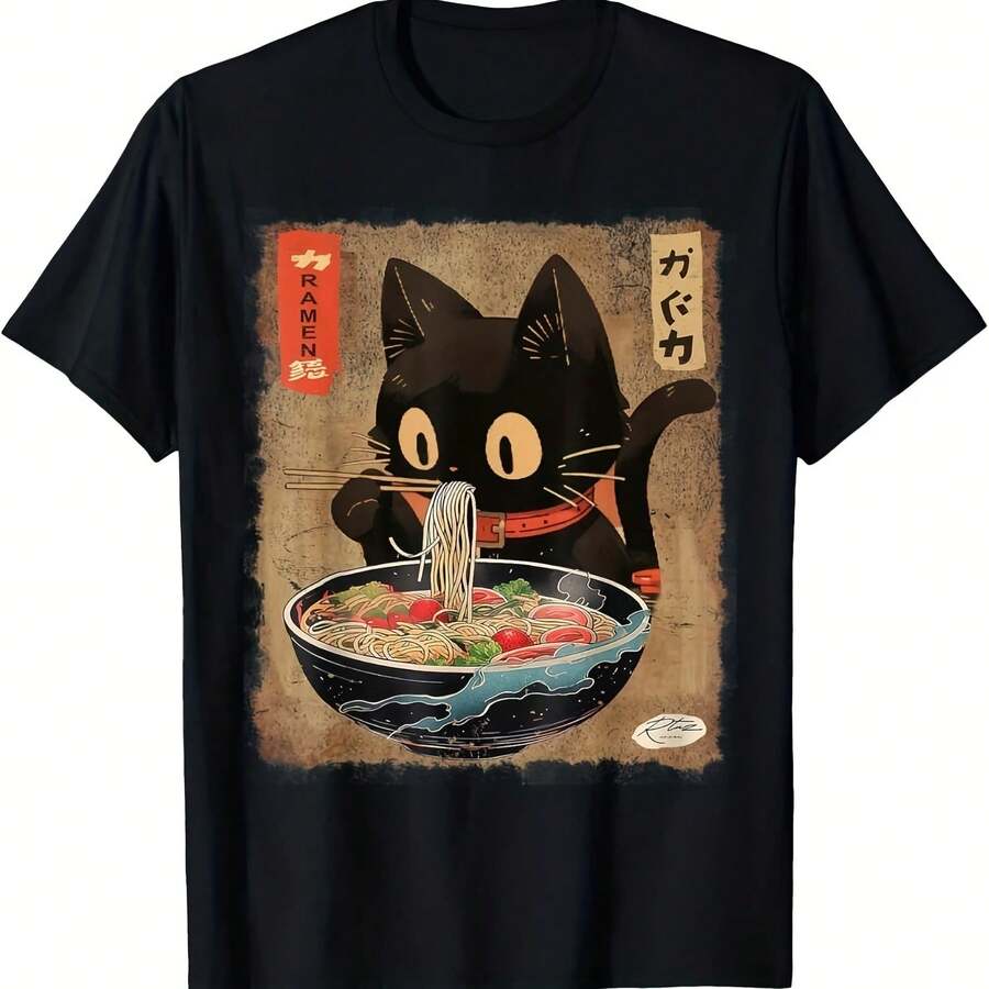 Camiseta de Anime Cat Ramen para Hombre, Estilo Kawaii Humorístico, Cómoda, Cuello Redondo a Cuadros, para Uso Diario, Viajes y Ejercicio - Multicolor - Ver 1