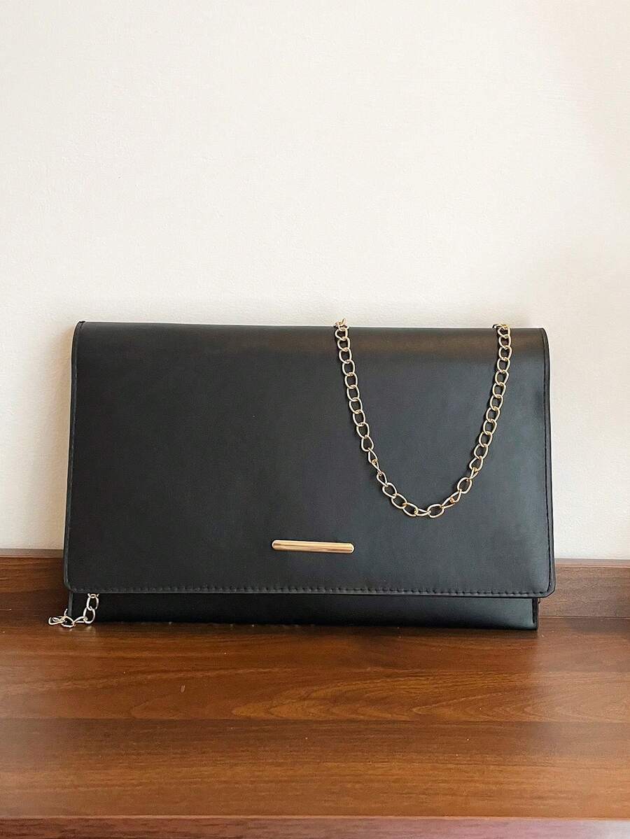 Casual Women's Clutch Bag, New Textured Niche Design, Fashion Minimalist Envelope Bag With Chain Strap, Shoulder & Crossbody Bag - Black - View 1
