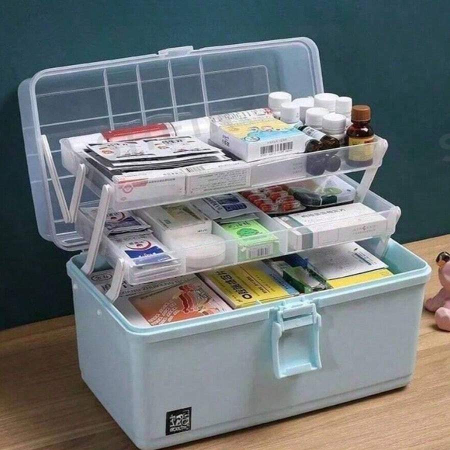 1 Plastic Three-Layer Storage Box, Multi-Purpose Storage Box, Household Folding Toolbox, Portable Art And Craft Box, Sewing Supplies Sorting And Organizing Box, Medicine Box - Pink - View 1