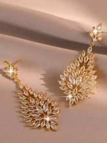 1 Pair Luxury Shiny Marquise Cubic Zirconia Pendant Earrings, Gold Leaf Shape Dangle Earrings, Elegant Bridal Wedding Party Women's - Yellow Gold - View 7