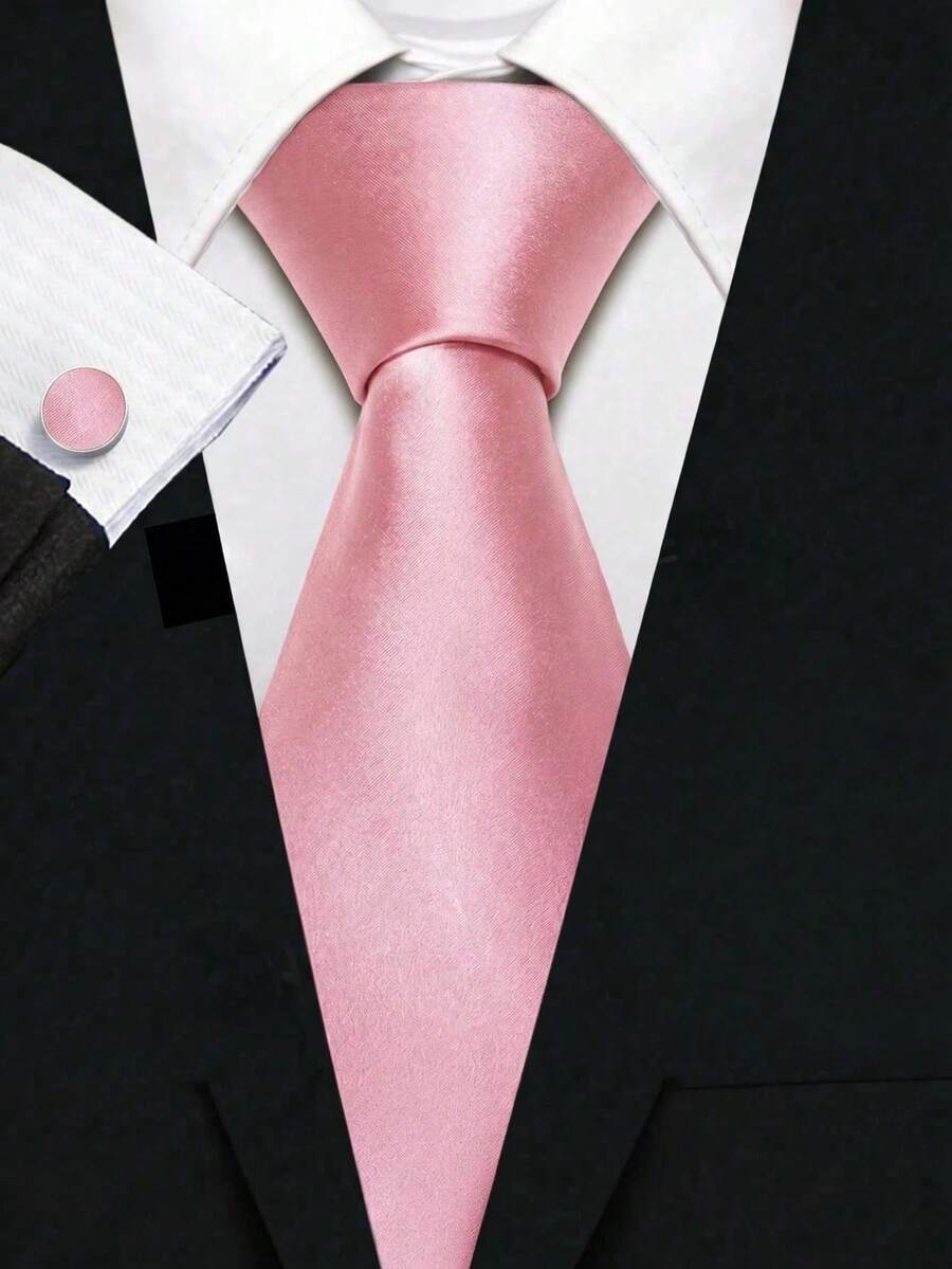 1件純色男士領帶套組，男士商務正式款 (8cm) 1條領帶、1對袖扣套組，適用於商務職場、婚禮派對 - 淺粉色 - 查看 1