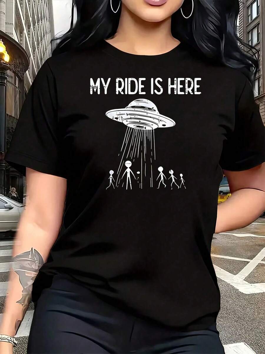 Women's Plus Size Funny Graphic T-Shirt 'My UFO Trip Has Arrived', Oversized Short Sleeve Graphic T-Shirt, Novelty, 100% Cotton, Casual Crew Neck, 220g - 黑色 - 查看 1