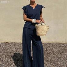 jianchaimaoyi02  Conjunto de dos piezas con top de manga corta y cuello en V y pantalones casuales, adecuado para vacaciones de verano, ir al trabajo y uso diario - Café integral - Ver 7