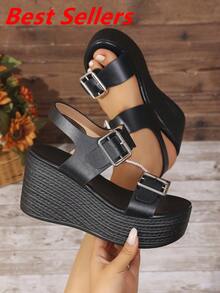 New Brown High-Heel Sandals With Platform, Peep Toe, Anti-Slip Sole And High-Heeled Slope, Perfect For Summer Outfits,Travel Essential - Black - View 2