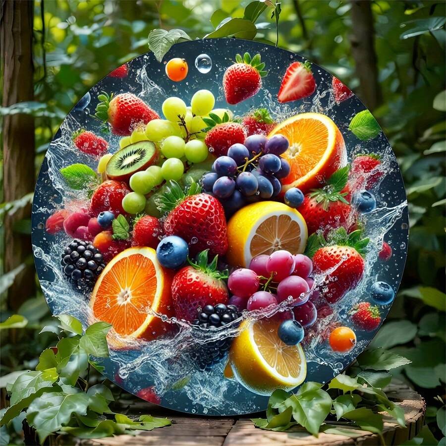 8 Inch Waterproof Metal Round Sign With Vibrant Fruit And Vegetable Pattern - Weather-Resistant Wall Decor For Home, Cafe, Restaurant, Garage, Bar, Porch, Patio - Perfect Gift For Friends, Family And Loved Ones, Suitable For Room Decoration - 1PC - View 1