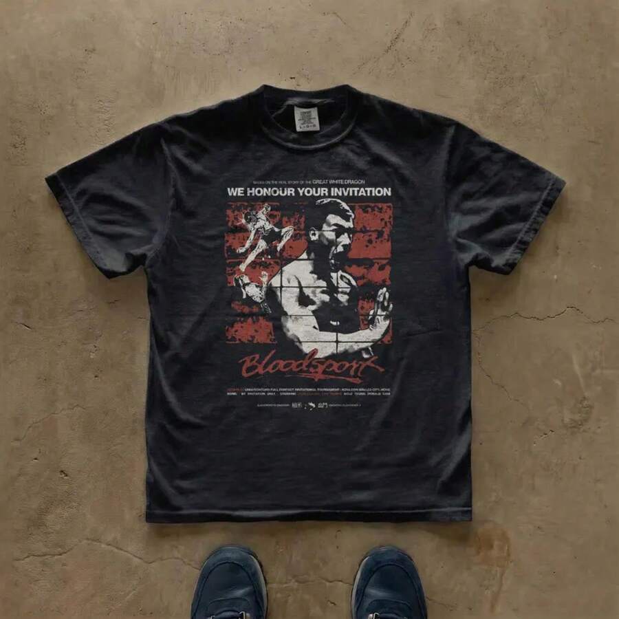Camiseta Vintage de la Película Bloodsport| Camiseta de Luchador de Artes Marciales| Gráfico de Película Retro - Negro - Ver 1