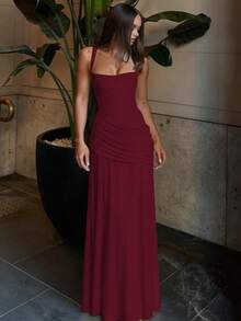 Elegant Sleeveless Long Party Dress For Women, Solid Color, European Style, New Fashion Wrap Dress - Burgundy - View 2