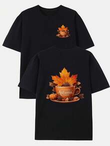 Camiseta Reversible para Hombre con Diseño de Hoja de Arce Otoñal - Manga Corta, Cuello Redondo, Adecuada para Ocasiones Casuales y Formales (Diseño en la Espalda), Marrón y Beige, Material - Negro - Ver 1