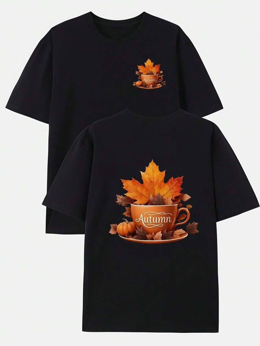 Camiseta Reversible para Hombre con Diseño de Hoja de Arce Otoñal - Manga Corta, Cuello Redondo, Adecuada para Ocasiones Casuales y Formales (Diseño en la Espalda), Marrón y Beige, Material - Negro - Ver 1