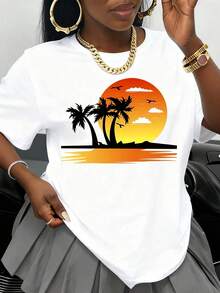 Camiseta Blanca con Gráfico de Palmeras y Atardecer Tropical, Ropa Casual de Verano para Mujer, Top de Moda, Regalo para Ella - Blanco - Ver 1