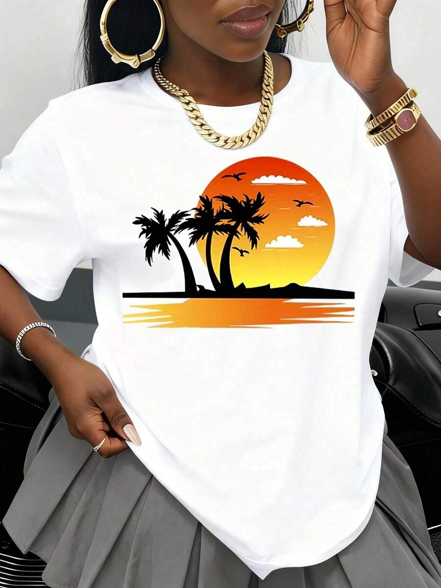 Camiseta Blanca con Gráfico de Palmeras y Atardecer Tropical, Ropa Casual de Verano para Mujer, Top de Moda, Regalo para Ella - Blanco - Ver 1
