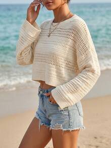 Slouchy Ribbed Trim Hollow Out Crop Sweater Women Solid Crewneck Long Sleeve Open Knit Pullover Early Autumn Relaxed Fit Sweaters - Apricot - View 3