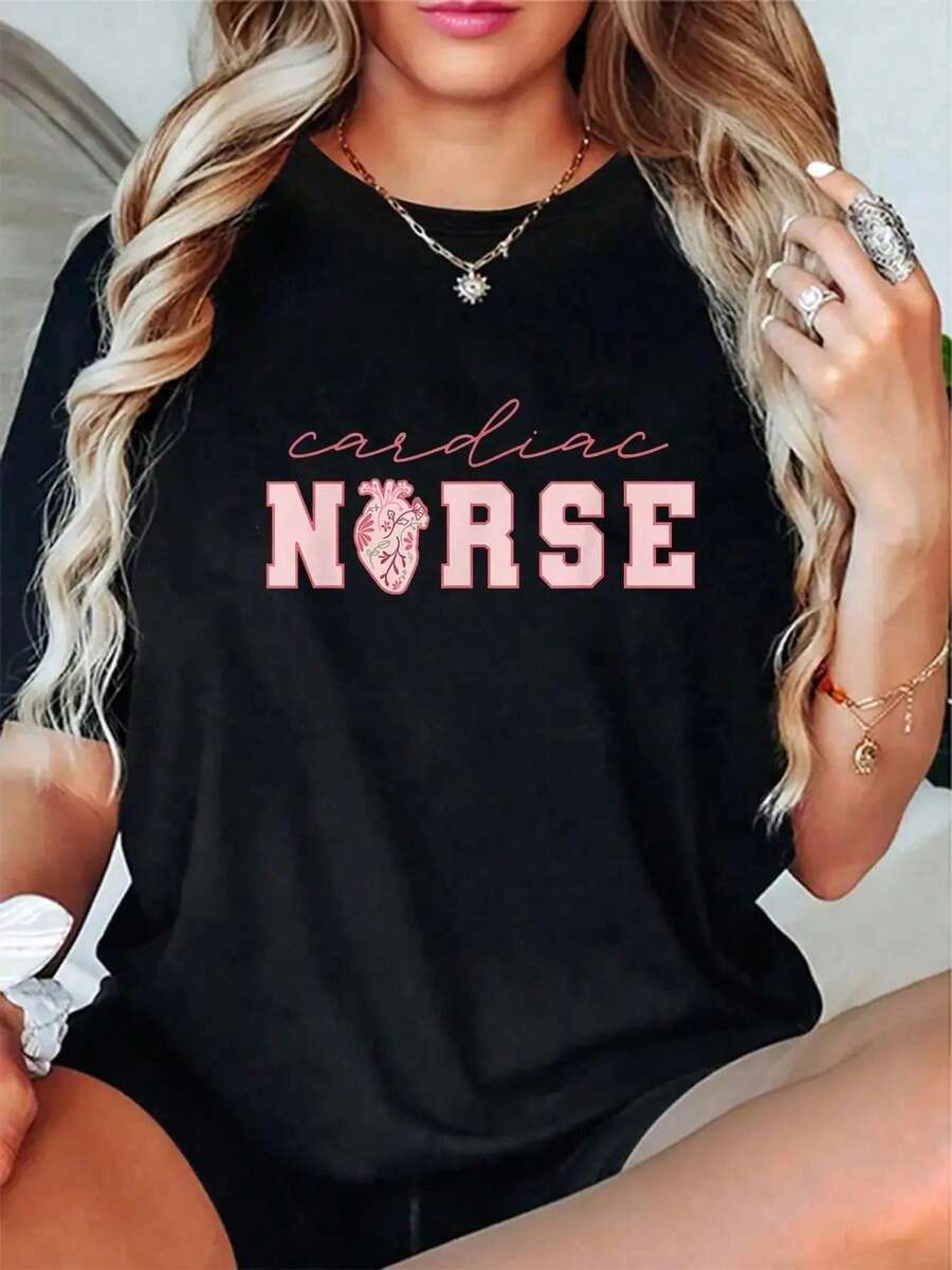 Camiseta 100% Algodón para Enfermeras Cardíacas, Enfermeras de Telemetría, Enfermeras de UCI, para el Día de San Valentín, para Hombre y Mujer, Cuello Redondo, Suave y Cómoda para Verano - Negro - Ver 1