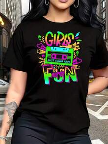 Camiseta de cumpleaños retro de los 80, "Just Wanna Have Fun", para mujer, talla grande, 1 pieza, camiseta divertida con estampado gráfico de gran tamaño, manga corta, novedosa, 100% algodón - Negro - Ver 1