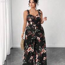 xuehuamaoyi02  Mono de pierna ancha casual y romántico con lazo para vacaciones en talla grande - Beis - Ver 2