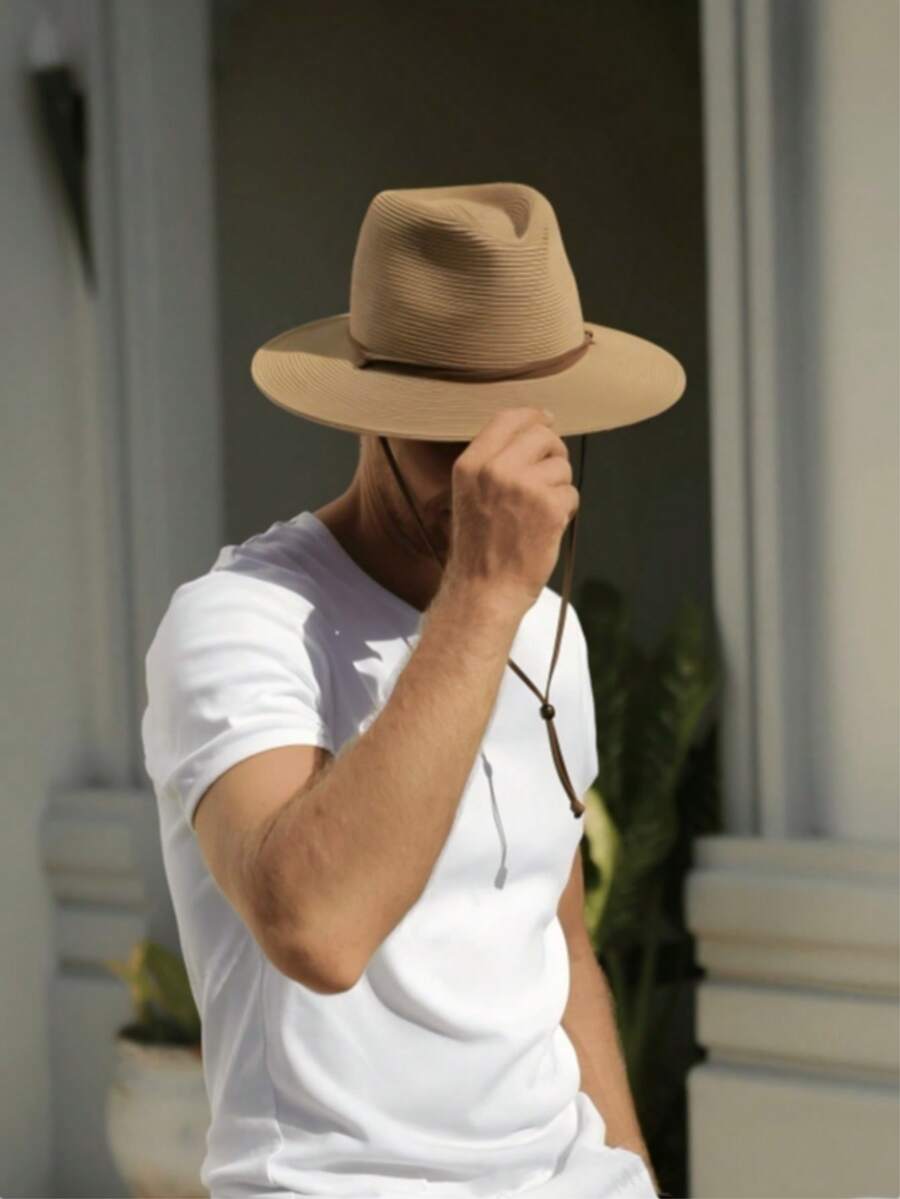 Chapeau de soleil en paille d'été pour hommes, chapeau Panama à large bord, chapeau de plage avec corde anti-vent - chapeau de paille - Voir 1