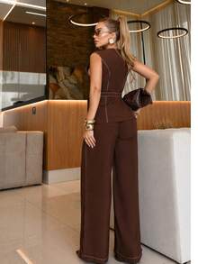Women's Sensorial Marrante Set – Wide-Leg Pants With Elastic At The Back + Blouse/Vest With Buttons - 鏽棕色 - 查看 3