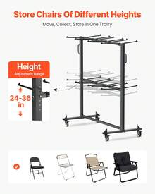 Estantería plegable para sillas, capacidad de 800 LBS, carro de sillas resistente para 84 sillas/ 12 mesas+42 sillas, carrito de almacenamiento de sillas de doble capa con ruedas de goma y soportes, soporte grande para sillas, negro mate - 84 sillas grandes suspendidas - Ver 3