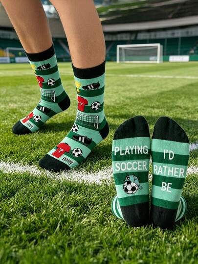 1 Pair Football Print Mid-Calf Socks, Breathable & Durable Sports Fan Style Unisex Socks
