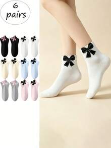 6 Pairs Women's Short Socks, Spring/Summer Bowknot Ankle Socks, Fashionable & Minimalist, Soft & Comfortable Fabric, Skin-Friendly & Non-Irritating, Breathable & Non-Stuffy, Smooth Seams At Toe & Heel, No Loose Threads, Firm Ribbed Cuff, Durable, Suitable For Various Occasions - Multicolor - View 8