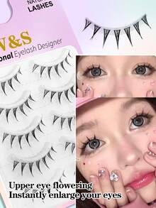 Waloshow 1 Box/2 Boxes 5 Pairs Japanese And Korean Comic Eye Sharp Tail Invisible Stem Comfortable False Eyelashes Simulation Eyelashes Lightweight Curled One-Piece Full Strip Party Daily False Eyelashes - Black - View 5