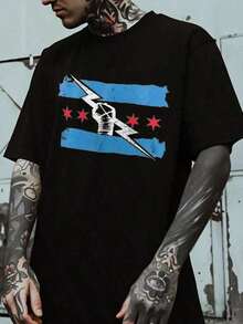 Playera Estilo Actor Famoso [Playera Oficial De WWE] Playera Oficial De WWE Roman Reigns & CM Punk Con Estampado De 10 Estrellas - Camiseta De Luchador Con Logo OTC, Manga Corta Para Verano, - Negro - Ver 1
