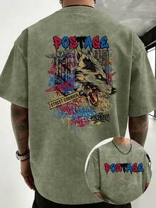 100% Cotton, 230g Weight, Casual T-Shirt With Double-Sided Graffiti-Style Wolf Head Print By Street Courier. Unisex Loose Fit, Perfect For Sports And Activities. - 卡其色 - 查看 1