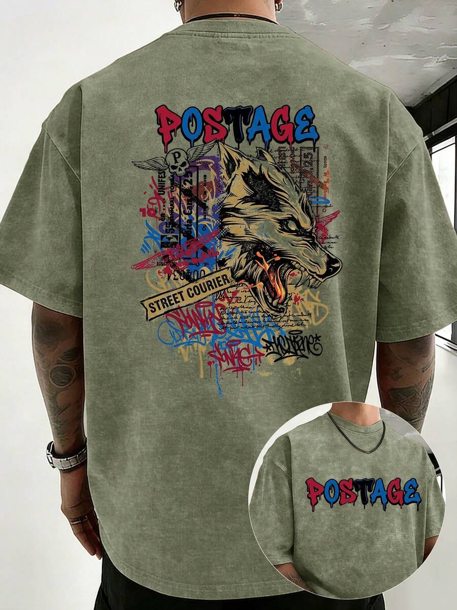 100% Cotton, 230g Weight, Casual T-Shirt With Double-Sided Graffiti-Style Wolf Head Print By Street Courier. Unisex Loose Fit, Perfect For Sports And Activities. - 卡其色 - 查看 1