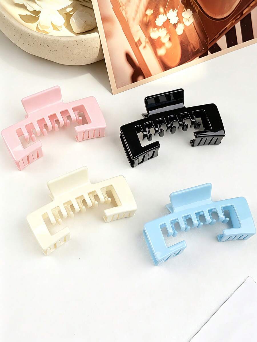 4pcs Minimalist Fresh Glossy Notch Square Hair Claw Clips, Versatile Daily Wear With Hat Anti-Drop Bun Hair Clips, Double Tooth Design Suitable For Thick Hair - Multicolor - View 1