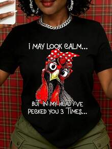 I May Seem Calm, But In My Head I Pecked You Three Times. Chicken Graphic Tee, Funny Animal Graphic Tee, For Women And Men, Casual Tee, Gift For A - 黑色 - 查看 1