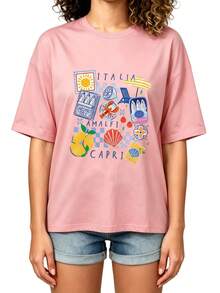 Casual Long T-Shirt With A Summery Italian Design. Features Graphics Of Sun, Lemons, And Crabs-Perfect For Enjoying Your Beach Vacation. - Pink - View 2