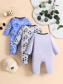 3pcs/Set Sports Style Football English Print Newborn Baby Romper - Blue - View 2