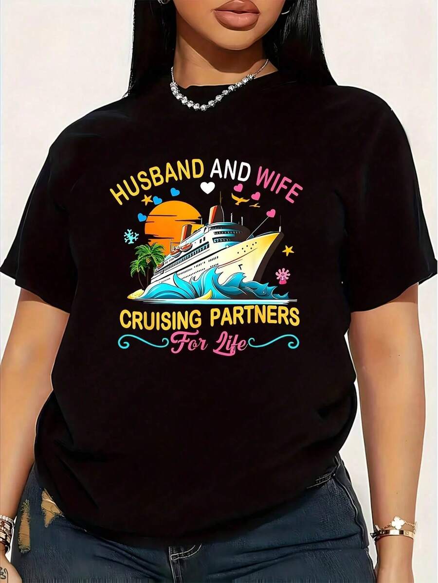 Husbands On A Cruise, Life Partners: Women's Plus Size Funny Print Short Sleeve T-Shirt, 1 Piece, 100% Cotton, Casual Style, Crew Neck, 220g. - 黑色 - 查看 1