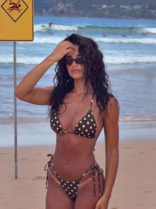 Bộ bikini nữ mùa hè, đồ bơi sexy họa tiết chấm bi, cổ yếm buộc sau lưng và quần buộc bên hông 2 mảnh, làm từ vải thoáng khí co giãn cao, phù hợp cho tiệc tùng, lễ hội âm nhạc, tiệc, mùa tốt nghiệp; đồ bơi nữ thanh lịch, bộ bikini sexy thời trang, trang phục đi biển cho nữ. - Nhiều màu - Xem 4