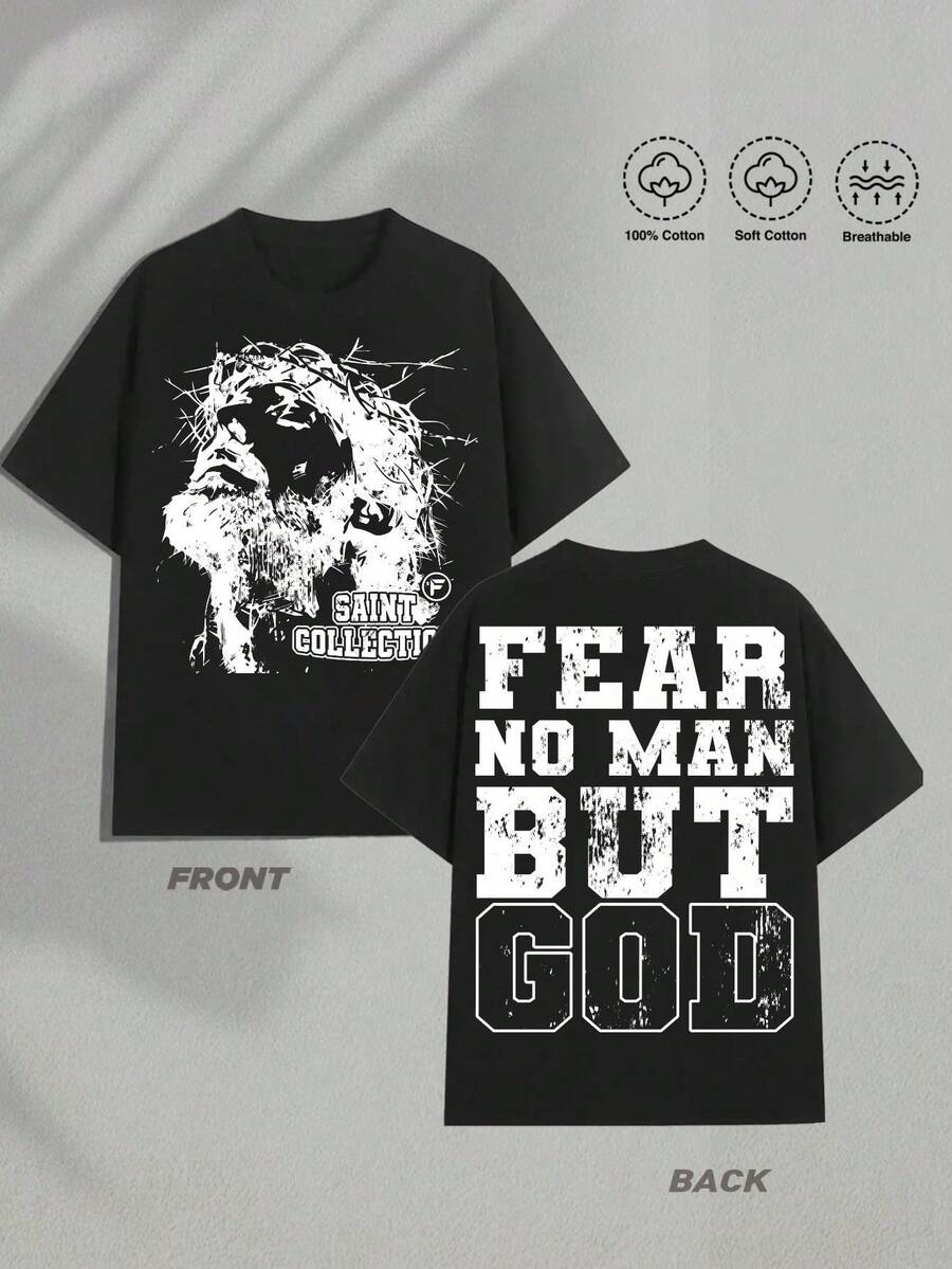 Men's T-Shirt "Fear No One Except God" With Jesus' Crown Of Thorns Graphic, Streetwear, Religious Statement Of Faith, Cotton T-Shirt For Men, Christian Fashion - 黑色 - 查看 1