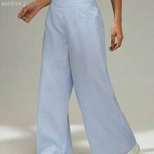 Soqi Women's Clothing PETITE Pantalones rectos de talle alto de rayas azules y blancas, elegantes, casuales, sencillos, para ir a la oficina, uso diario y vacaciones - Azul - Ver 6