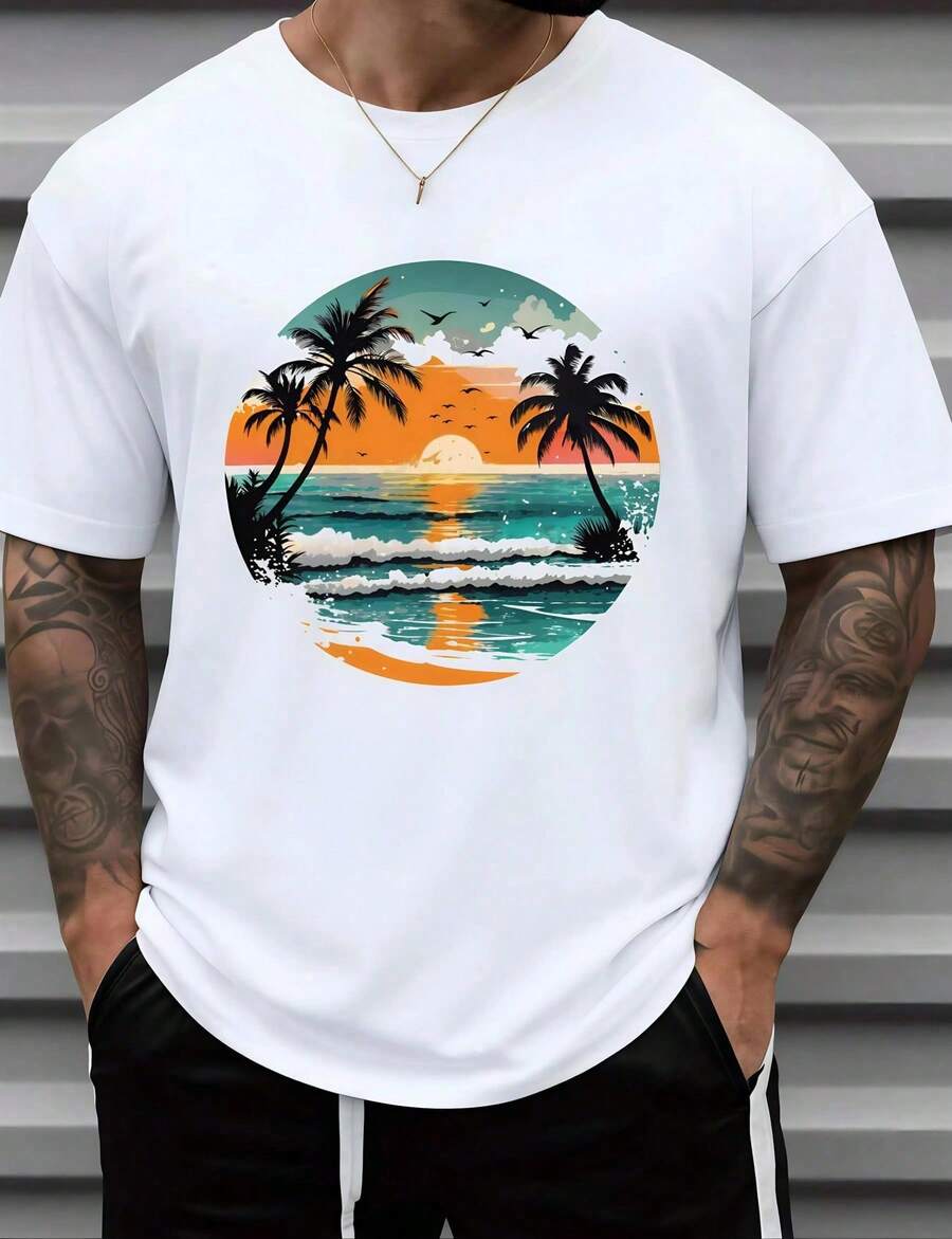 1 camiseta blanca para hombre con estampado de playa al atardecer, cuello redondo, camiseta casual de algodón, corte regular para jóvenes y hombres, per - Blanco - Ver 1