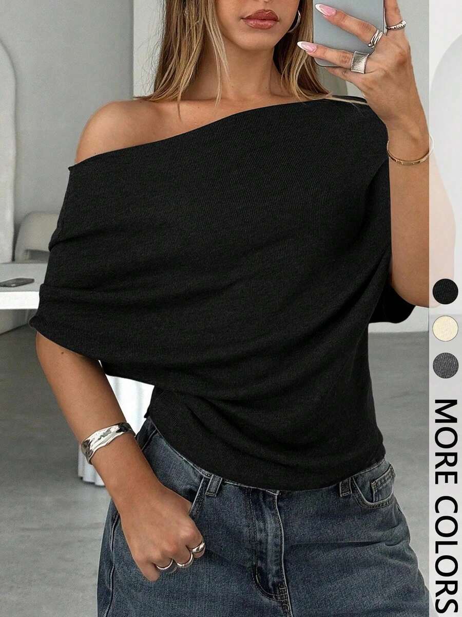 Women's Off-Shoulder Dolman Sleeve Top, Asymmetric Neck Ruched Side Casual T-Shirt For Streetwear & Daily Wear - Black - View 1