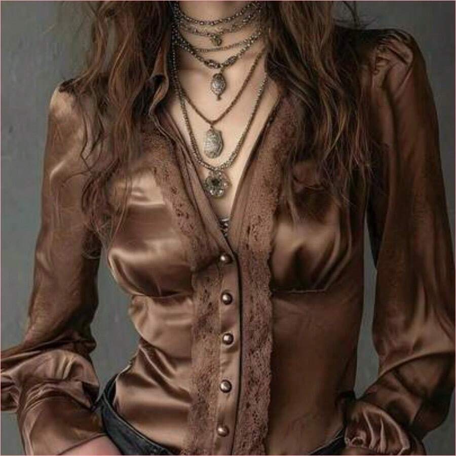 WNS Blusa de satén con cuello en V, manga abullonada y encaje retro francés elegante, camisa de mujer de manga larga con botones frontales y parches de encaje, - Marrón Mocha - Ver 1