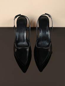 1 Pair Shiny Black Soft PU Teen High Heel Sandals With Silver Metal Buckle, Pointed Toe, Chunky Heel, Princess Style, Suitable For Daily Casual, Home, Party And Outdoor Wear, Summer/Autumn - Black - View 3