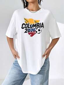 Camiseta de manga corta para mujer,Camiseta para mujer manga corta verano, playera blanca casual con estampado de fútbol Colombia 2026, ideal para fans patriotas. - Blanco - Ver 1