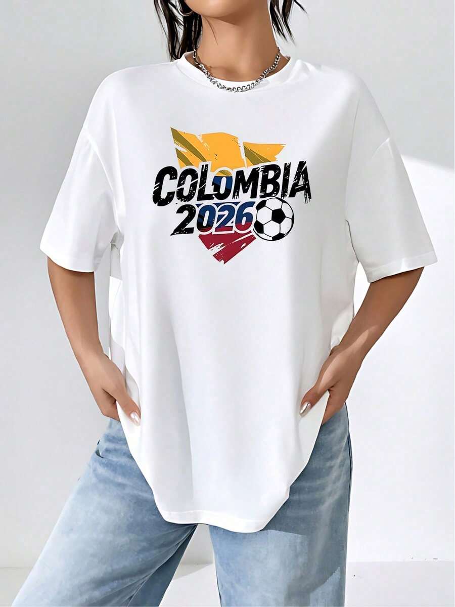 Camiseta de manga corta para mujer,Camiseta para mujer manga corta verano, playera blanca casual con estampado de fútbol Colombia 2026, ideal para fans patriotas. - Blanco - Ver 1